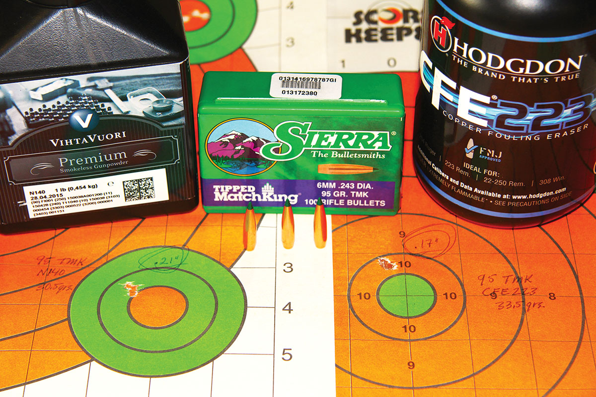 Sierra’s 95-grain Tipped MatchKing’s two best groups included .21 inch at 2,811 fps using 30.5 grains of Vihtavuori N140, and .17-inch at 2,940 fps using 33.5 grains of Hodgdon CFE 223.